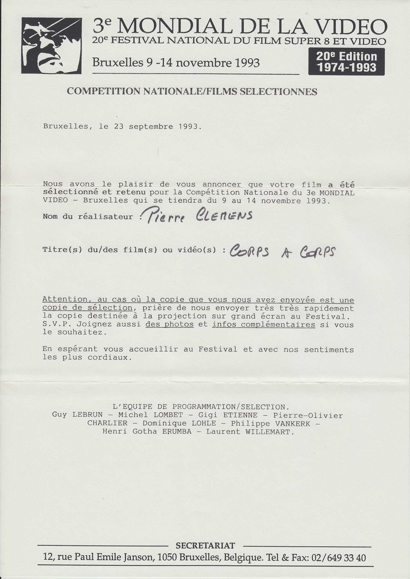 20e Festival Super 8 et Video de Bruxelles 1993 Pierre Clemens 1