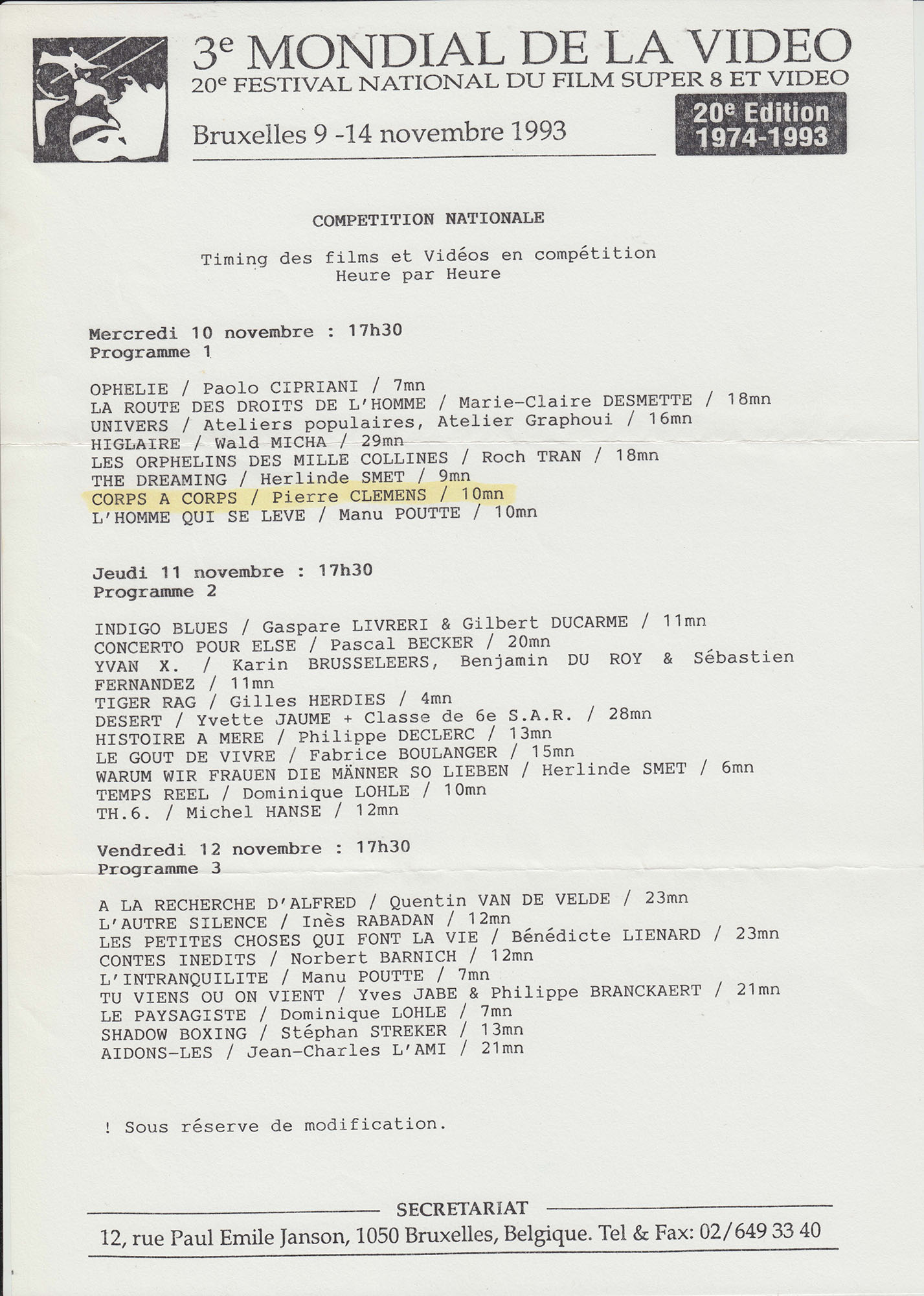 20e Festival Super 8 et Video de Bruxelles 1993 Pierre Clemens Page 1