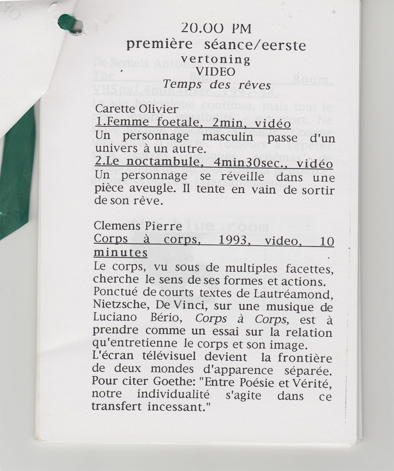 Cinema Nova Open Screen Catalogue Page Pierre Clemens Corps a Corps 1993