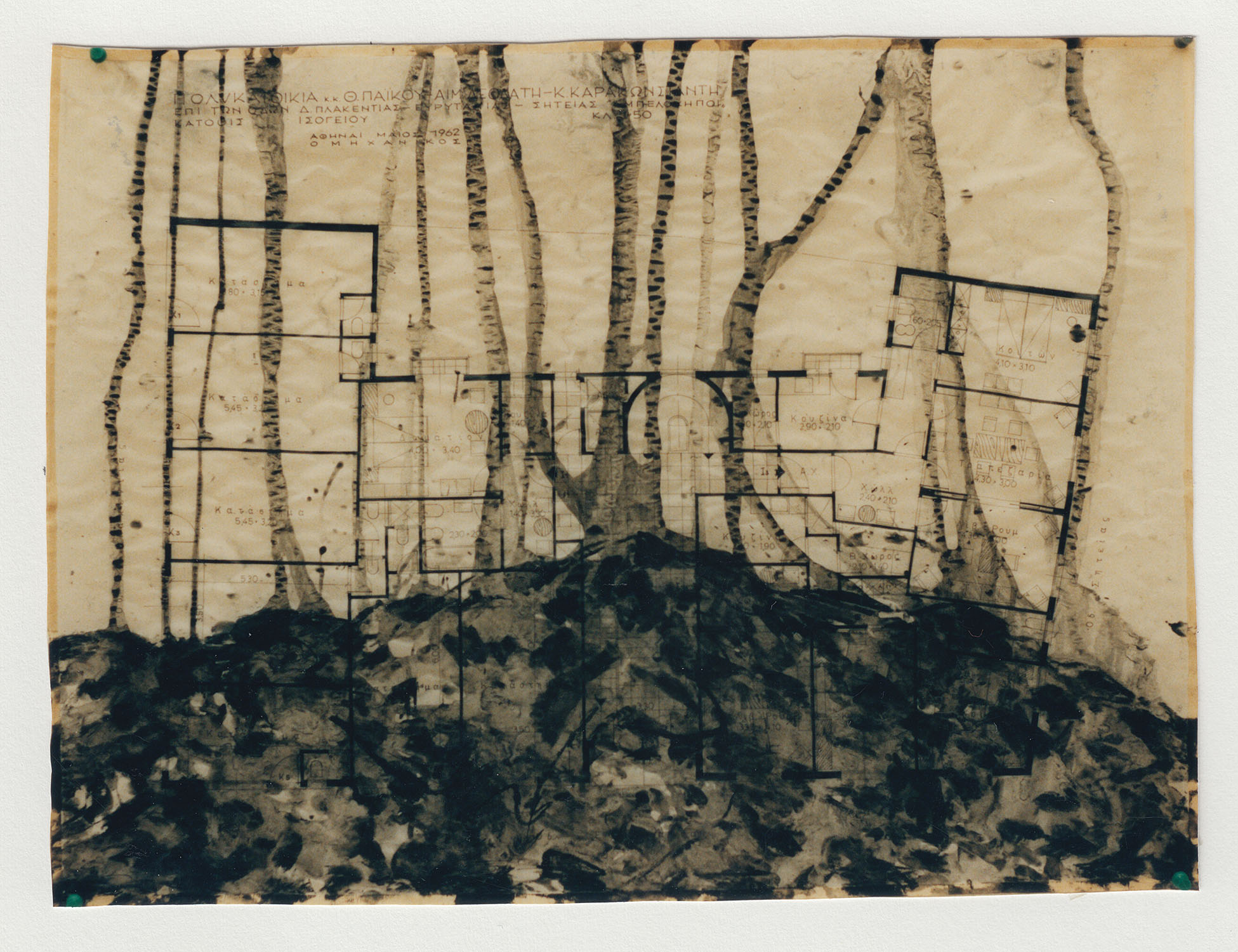 Pierre Clemens Contemporary art Brussels 1995 Volcan sur plan Pastel sur plan darchitecture 495 x 675 cm
